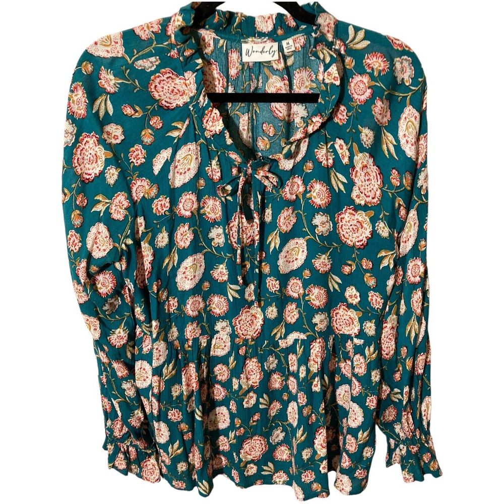 Wonderly Boho Peasant Tunic Top Floral Green/Red Peplum Size Large Long Sleeve